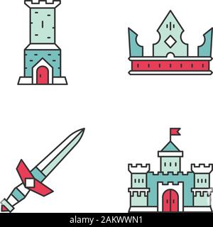 Colore medievale set di icone. Torre di Castello, re corona, la spada di metallo, signore del castello. Isolato illustrazioni vettoriali Illustrazione Vettoriale