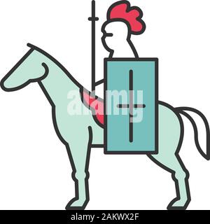 Il cavaliere a cavallo con bandiera icona di colore. Soldato medievale a cavallo con standard e lancia. Guerriero in armatura completa. Isolato illustrazione vettoriale Illustrazione Vettoriale