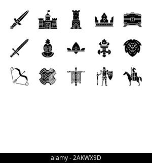 Glifo medievale set di icone. Cavalieri e accessiries. Regno. Simboli di Silhouette. Vettore illustrazione isolato Illustrazione Vettoriale