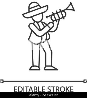 Mexican con tromba icona lineare. Musicista latino. Trumpeter in sombrero. Linea sottile illustrazione. Simbolo di contorno. Il vettore isolato schizzo. Modifica Illustrazione Vettoriale