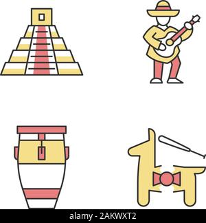 Cultura messicana colore set di icone. Latin American attrazioni e divertimenti. Cinco de Mayo festival. Pyramide messicano, chitarrista, conga tamburo, pi Illustrazione Vettoriale