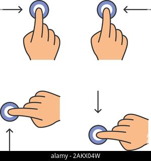 Schermo a sfioramento a colori gesti set di icone. Lo scorrimento orizzontale a sinistra, lo scorrimento orizzontale destra gesticolando. Scorrimento verticale di scorrimento verticale e verso il basso. Fi umano Illustrazione Vettoriale