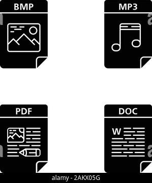 Formato dei file di icone glyph set. Immagine, file audio, documenti di testo. BMP, MP3, PDF, DOC. Simboli di Silhouette. Vettore illustrazione isolato Illustrazione Vettoriale