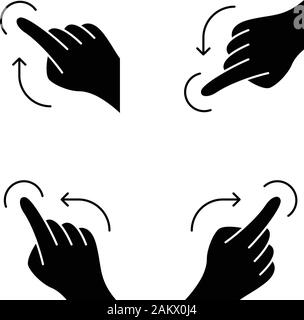 I gesti touch screen glifo set di icone. Scorri a sinistra, fai scorrere le dita verso destra gesticolando. Sfiora verso l'alto e sfiora verso il basso, toccare gesto. Dita umane. Simboli di Silhouette. Ve Illustrazione Vettoriale
