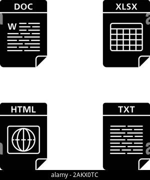 Formato dei file di icone glyph set. Web di testo e i file di dati. DOC, XLSX, HTML, TXT. Simboli di Silhouette. Vettore illustrazione isolato Illustrazione Vettoriale
