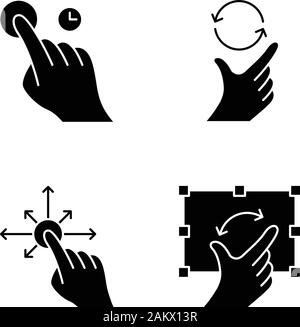 I gesti touch screen glifo set di icone. Toccare e tenere premuto, zoom, ruotare gesticolando. Trascinare il dito tutte le direzioni. Pizzicare e pan gesto. Dita umane. Silhou Illustrazione Vettoriale