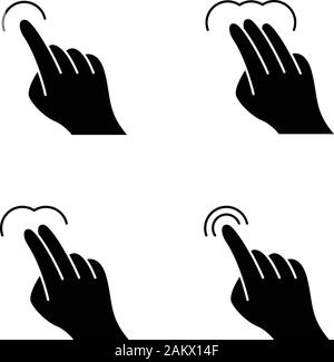 I gesti touch screen glifo set di icone. Toccare il punto, fare clic, doppio toccare, trascinare, fare doppio clic su gesti. Toccare e tenere premuto. Dita umane. Simboli di Silhouette. Illustrazione Vettoriale