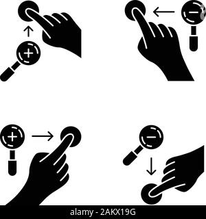 I gesti touch screen glifo set di icone. Zoom in verticale e zoom out gesti verticale. Zoom in orizzontale e ridurre lo zoom orizzontale. Dita umane. Silhou Illustrazione Vettoriale