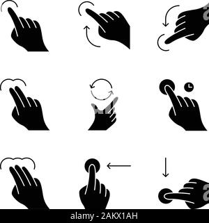 I gesti touch screen glifo set di icone. Toccare, fare clic, 2x toccare, trascinare gesticolando. Sfiora verso l'alto e scorri verso il basso. Scorrimento verticale verso l'alto, scorrere verso il basso. Toccare e tenere premuto. Si Illustrazione Vettoriale