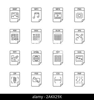 Formato file lineari di set di icone. Multimedia, testo, web file digitali. MP3, MP4, PNG, PDF, DOC, XLSX, JPG, HTML, ZIP. Linea sottile simboli di contorno. Isolato Illustrazione Vettoriale