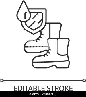 Stivali impermeabili icona lineare. Resistente all'acqua scarpe. Calzature antipioggia. Idrofobico, materiale impermeabilizzante. Linea sottile illustrazione. Simbolo di contorno. Illustrazione Vettoriale