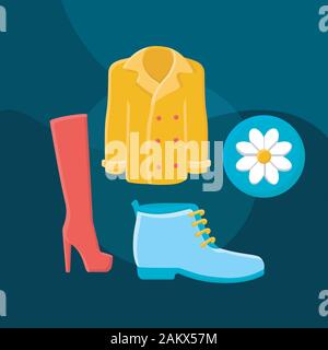La molla piatta di moda concetto icona vettore. Shopping idea cartoon illustrazioni a colori. Negozio di abbigliamento. Abbigliamento e calzature. Womens vestito. Cappotto, stivali, Illustrazione Vettoriale