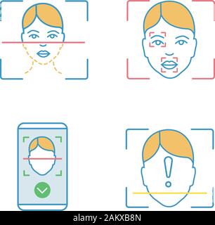 Il riconoscimento facciale di colore set di icone. Identificazione biometrica. Faccia il processo di scansione, marcatori e punti, protezione smartphone app, ID scan unidentifi Illustrazione Vettoriale