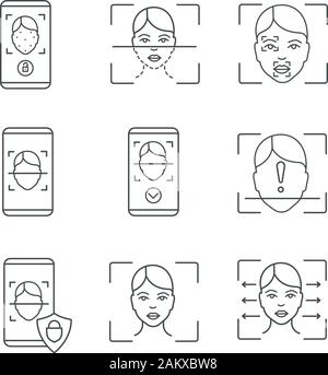 Il riconoscimento facciale lineare set di icone. Linea sottile simboli di contorno. Faccia bloccare, bancario, approvato, le applicazioni dello smartphone, il processo di scansione, lettore, marcatori. Isol. Illustrazione Vettoriale