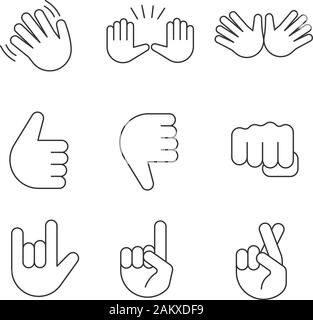 Mano emojis movimenti lineari di set di icone. Linea sottile simboli di contorno. Sventolando, stop, jazz, pollice in su e in giù, pugno, ti amo, fortuna, giacciono gesticolando. Isolato Illustrazione Vettoriale