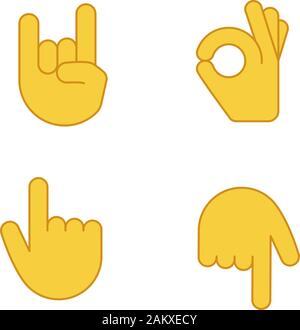 Gesto mano emojis colore set di icone. Sulla roccia, metalli pesanti OK, gesti di approvazione. Scritto indice rivolto verso l'alto e verso il basso. Ruotare indietro il dito indice. Isol. Illustrazione Vettoriale