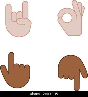 Gesto mano emojis colore set di icone. Sulla roccia, metalli pesanti OK, gesti di approvazione. Scritto indice rivolto verso l'alto e verso il basso. Ruotare indietro il dito indice. Isol. Illustrazione Vettoriale