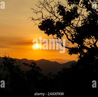 Tramonto dietro le montagne, il cielo è arancione delle montagne che sono lontane, che riflettono la luce arancione. Albero di silhouette. Foto Stock