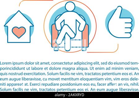 Comfort home concetto lineare di illustrazione. L'accoglienza. Casa, cuore, l'uomo in cattedra, pollice in alto. Articolo, brochure magazine pagina. Linea sottile le icone con il testo Illustrazione Vettoriale