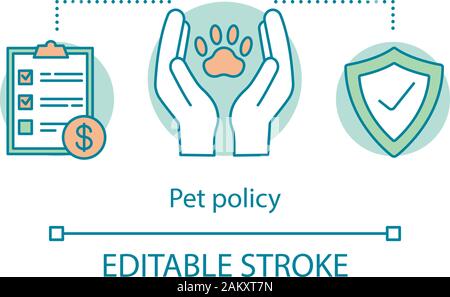 Pet policy concetto icona. Norme di origine animale. Lawbook, proteggendo le palme, paw stampa, scudo. Pet friendly hotel. Assicurazione di Pet idea sottile linea illustrazione. Ve Illustrazione Vettoriale