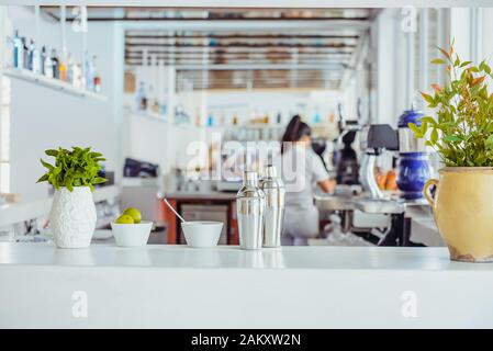 Agitatori professionali e ingredienti per la produzione di mojitos - cubetti di ghiaccio, foglie di menta, lime sul tavolo da bar bianco con barman sfocato sullo sfondo. S Foto Stock