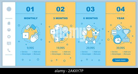 Pagare e appartenenza a svolgere attività di onboarding mobile app schermi con i prezzi. VR, computer, giochi d'azzardo procedura dettagliata modelli di sito web. Tempo libero e entertainme Illustrazione Vettoriale