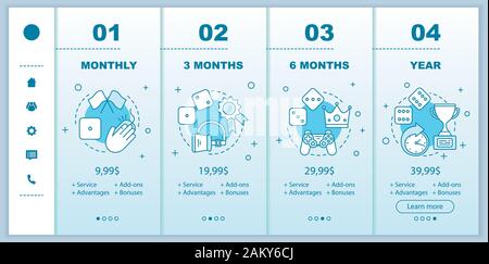 Il tempo libero e il divertimento di onboarding mobile app schermi con i prezzi. VR, computer, giochi d'azzardo procedura dettagliata nelle pagine del sito web di modelli. Pagare e giocare ta Illustrazione Vettoriale