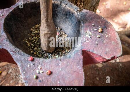 I chicchi di caffè che viene molato a mano , Vinales, Cuba Foto Stock