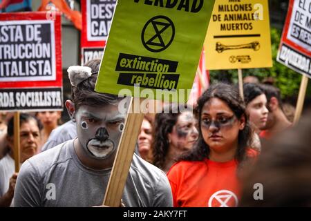 Buenos Aires, Argentina. Decimo gen, 2020. Un dimostratore costituito come un koala prende parte ad una manifestazione di protesta contro la politica in materia di clima di fronte all ambasciata australiana a Buenos Aires. Tra gli altri, l'organizzazione estinzione di ribellione era chiamato per protestare. Poiché il grande bushfires ha iniziato più di dieci milioni di ettari di terreno sono stati bruciati e almeno 26 persone hanno perso la loro vita. Il pennacchio di bush di incendi in Australia ha raggiunto il Cile e Argentina. Credito: Florencia Martin/dpa/Alamy Live News Foto Stock