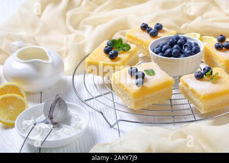 Frollini di frollini di limone appena sfornati con strato di cheesecake sormontato da zucchero a velo, mirtilli freschi su una rastrelliera metallica su un tavolo di legno bianco Foto Stock