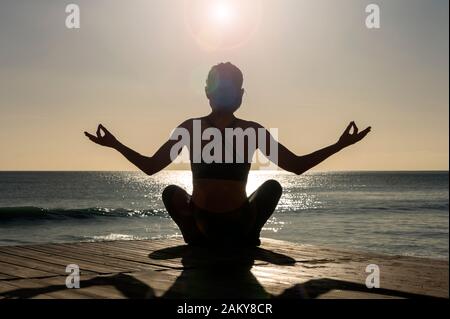 Donna seduta in riva al mare a praticare yoga e meditazione, vista posteriore. Foto Stock