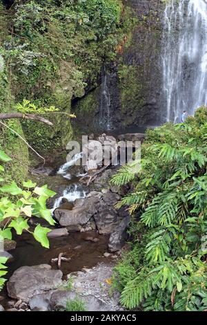 Il fondo delle cascate di Wailua tuffandosi in un ruscello che scorre giù un letto roccioso nella foresta pluviale sulla strada per Hana, in Hana, Maui, Hawaii, USA Foto Stock