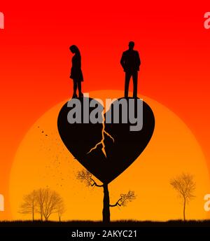 Amore fallito. Sunset relazioni. Silhouette di un uomo e di una donna in relazione finita su un albero di forma di cuore rotto. Concetto di famiglia rotto Foto Stock