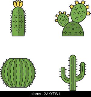 Wild cactus colore set di icone. La flora del deserto. Succulente. Piante spinose. Ficodindia, canna, riccio, cactus Saguaro. Isolato illustrazioni vettoriali Illustrazione Vettoriale