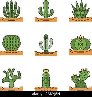 Wild cactus sulla terra le icone a colori set. Messicano flora tropicale. Succulente. Piante spinose. Collezione di cactus. Isolato illustrazioni vettoriali Illustrazione Vettoriale