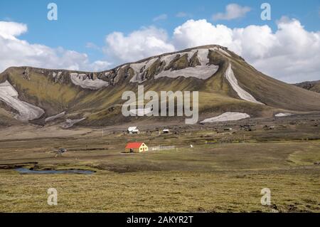 Rifugio Hanngil, sentiero escursionistico di Laugavegur, tratto da Álftavatn a Emstrur, Bottar, Altopiano di Fjallabak, Islanda Foto Stock