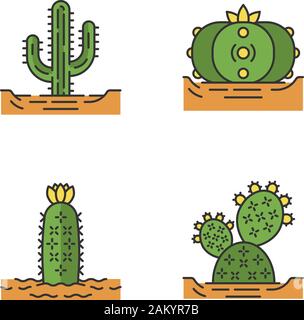 Wild cactus in massa le icone di colore impostato. Piante spinose. Succulente verde. Saguaro, fichidindia peyote, riccio cactus. Isolato illustrazioni vettoriali Illustrazione Vettoriale