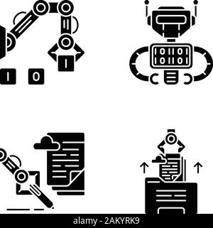 RPA glifo set di icone. Robotica automazione di processo. Clericale di automazione di processo. Il Robot la creazione di database e la manipolazione dei dati. Simboli di Silhouette. Vettore è Illustrazione Vettoriale