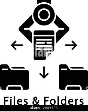 Le cartelle e i file icona glyph. Il Robot lo spostamento dei file in cartelle. File automatico di smistamento. RPA. Automatizzare le attività di clericale, i flussi di lavoro. Simbolo di Silhouette. Neg. Illustrazione Vettoriale