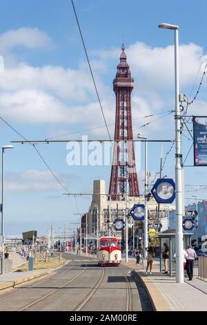 Macchina di barca Heritage che si avvicina alla fermata del tram, Ocean Boulevard, Promenade, Blackpool, Lancashire, Inghilterra, Regno Unito Foto Stock