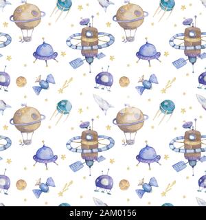Cute Mano disegnato spazio con razzi e pianeti, ufo, sfondo. Acquerello cute modello sullo spazio colorato illustrazione con pianeta, astronave e Foto Stock