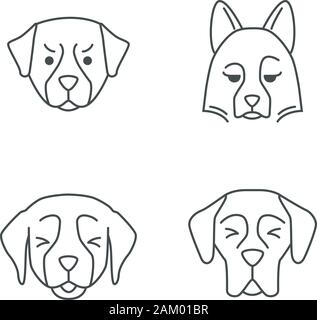 Cani carino kawaii caratteri lineare. Linea sottile icon set. Arrabbiato cane bernese. Sheepdog pensieroso. Sorridente Golden Retriever. Gli animali con la triste museruola. Vecto Illustrazione Vettoriale