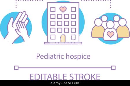 Hospice pediatrico concetto icona. I bambini e i genitori di assistenza. Assistenza infermieristica. 24-ore supporto. Kids health care service idea sottile linea illustrazione. Illustrazione Vettoriale