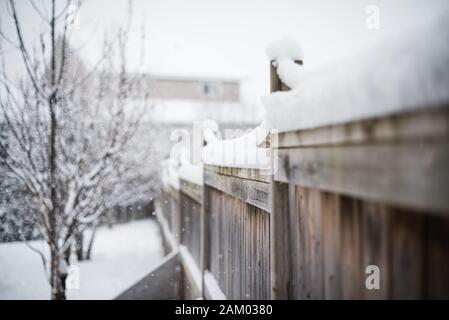 Neve accumulata in alto sulla cima di recinzione di legno in un cortile in una giornata innevata. Foto Stock