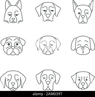 Cani carino kawaii caratteri lineare. Linea sottile icon set. Strizzare gli occhi Golden Retriever e Great Dane. Arrabbiato cane bernese. Kissing Maltese. Il vettore isolato Illustrazione Vettoriale