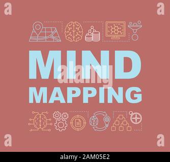 Mind mapping concetti di parola banner. Il pensiero critico. Dati di grandi dimensioni. Isolato caratteri tipografici idea con icone lineare. Capacità analitiche. Analisi dei dati Illustrazione Vettoriale