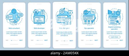 Consulenza web onboarding mobile app schermo pagina template vettoriale. Sviluppo di un sito web. Il marketing digitale. Procedura dettagliata sito passi con illust lineare Illustrazione Vettoriale