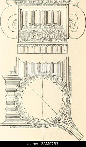 Un dizionario di antichità greche e romane. . T semplice forma arethose nel tempio di Ilissus e templeof Athena Polias a Priene ; quest'ultimo usuallyconsidered è il miglior esempio di tutti. Il porticoof il tempio di Athena Polias, adiacente a theErechtheium, ad Atene, visualizza un maggiore ornamento profusionof, ma è altrettanto pura nei suoi contorni.It è mostrato nella precedente incisione. L'uso dell'ordine ionico presentato uno di im-portant difficoltà. Nella vista laterale di thecapital, le volute non mostrano il loro beautifulspiral curl, ma solo un rotolo, legati insieme byastragals ; così la t Foto Stock