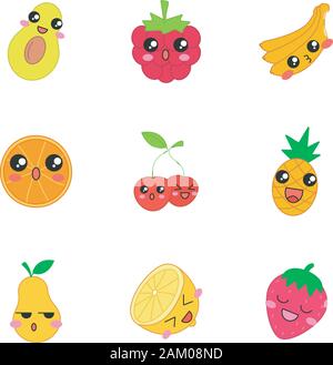 Frutti carino kawaii caratteri vettoriali. Bacche con volto sorridente. Banana e sorpreso di colore arancione. Felice di avocado e ananas. Divertente, emoji emoticon, SMIL Illustrazione Vettoriale