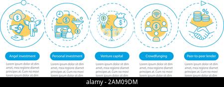 Gli investimenti di avvio vettore modello infografico. Presentazione aziendale gli elementi di design. Per la visualizzazione di dati con cinque passi e opzioni. Procedimento timelin Illustrazione Vettoriale